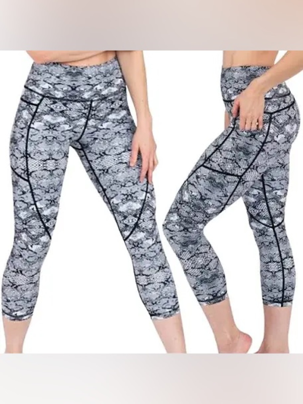 Zyia Active Yoga Pants Leggings Cropped Metallic Black & White Snakeskin 12